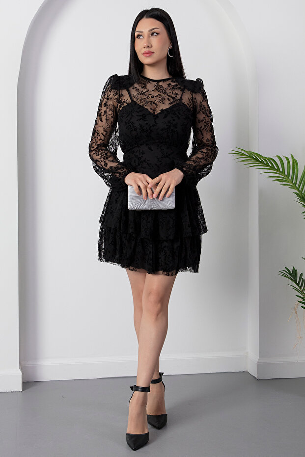 Flock Print Patterned Layers Tulle Dress Ny3104-1