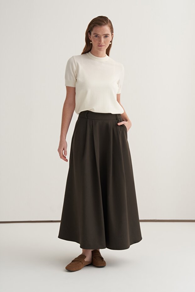 Women's Gabardine Double Pleated Skirt Dark Khaki