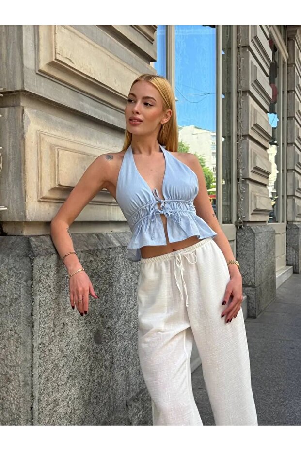 Halter Neck Tie-Detail Open Back Linen Blouse Blue