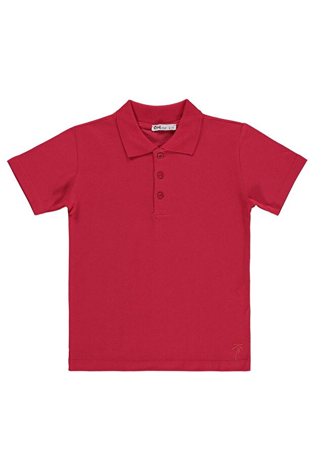 Boy's Palm Tree Embroidered Polo Collar T-Shirt for Ages 6-9 - Red