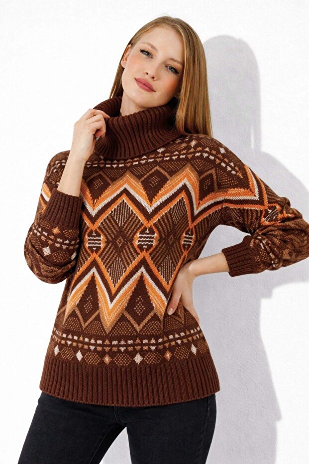 Women's Kilim Rug Patterned Soft-Textured Turtleneck Knitwear Sweater 7590 Brown