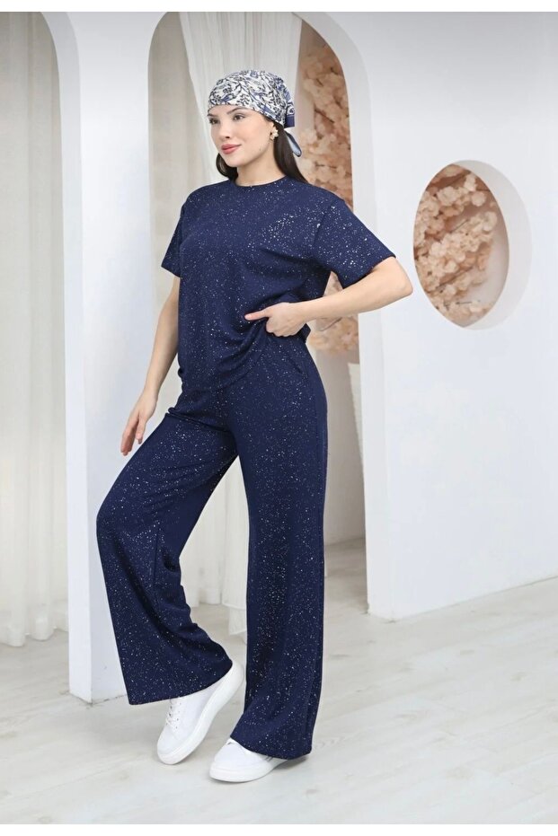 Navy Blue Glittery Tracksuit Set