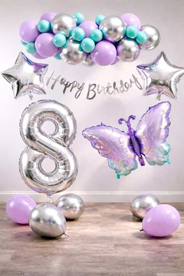 Lilac Butterfly Themed 8Th Birthday Balloon Decoration Set – Lilac Silver Party Decoration Set