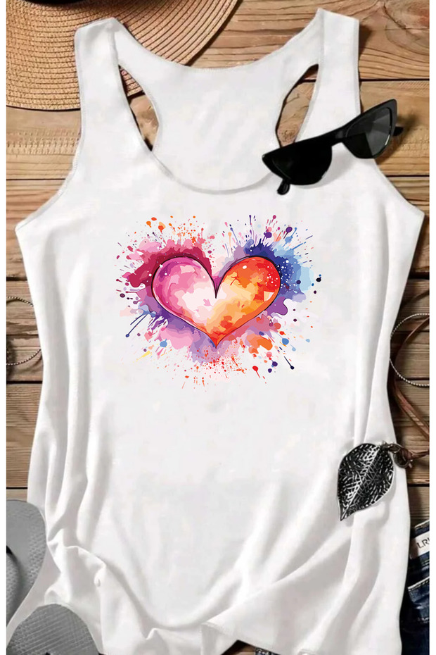 Heart Printed Women's Sleeveless Swimmer Athlete Tshirt