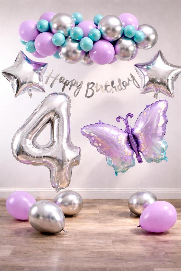 Lilac Butterfly Themed 4Th Birthday Balloon Decoration Set – Lilac Silver Party Decoration Set