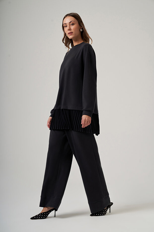 Tunic with Pleated Hem and Trousers Set 1079 Black