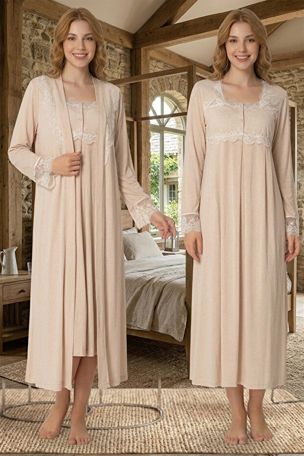 Lace Maternity and Postpartum Nightgown Set with Cotton Robes