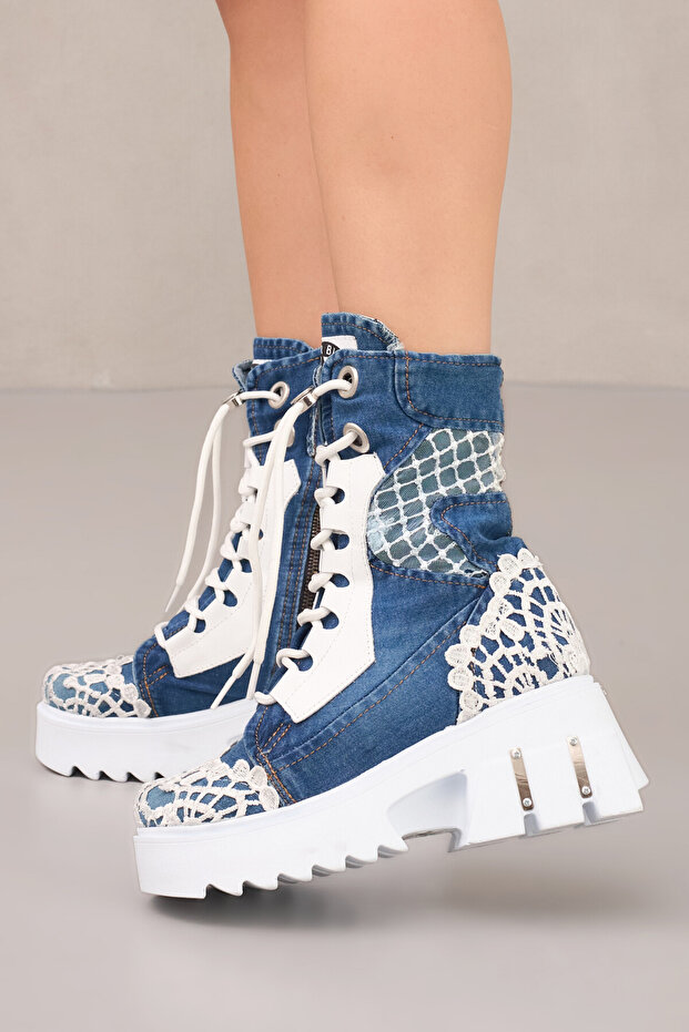 Lace Detailled Denim Boots Shoes Summer Women's