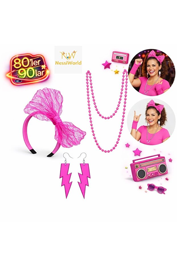 80S 90S Neon Pink Party Set – Necklace Earrings Crown