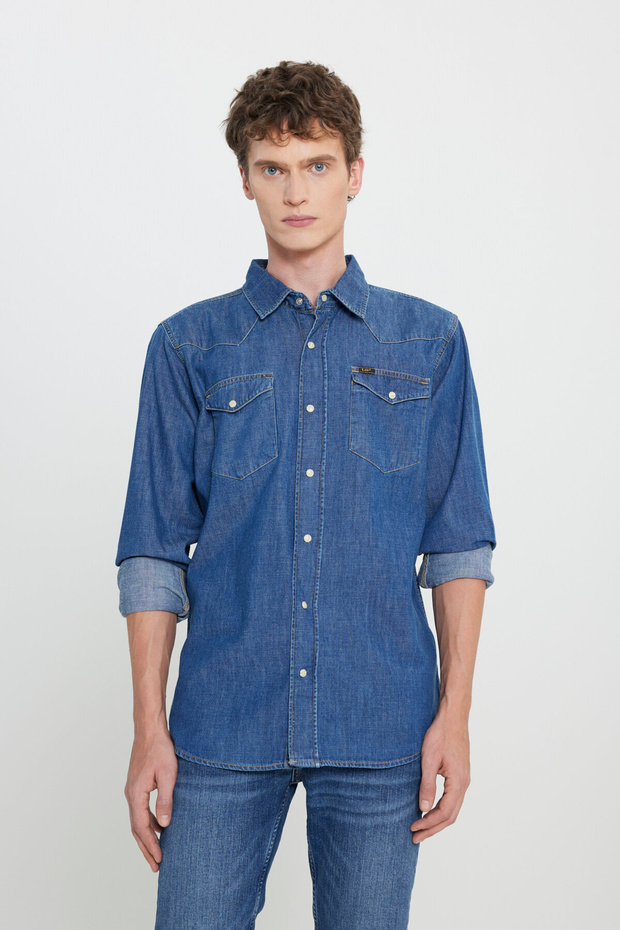 100% Cotton Regular Fit Regular Cut Men's Blue Jeans Denim Shirt with Pocket Detail