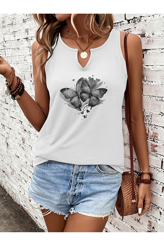 Women's Butterfly Printed Half V-Neck Sleeveless Regular Fit Casual T-Shirt