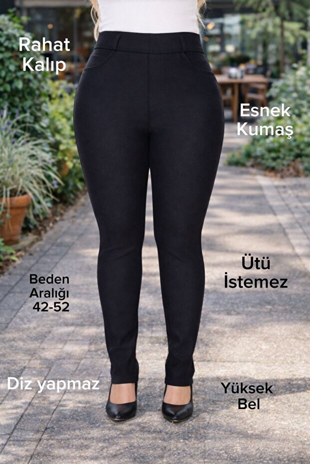Black Plus Size High Waist and Elasticized Steel Knitted Full-Length Lycra Tight-Leg Pants