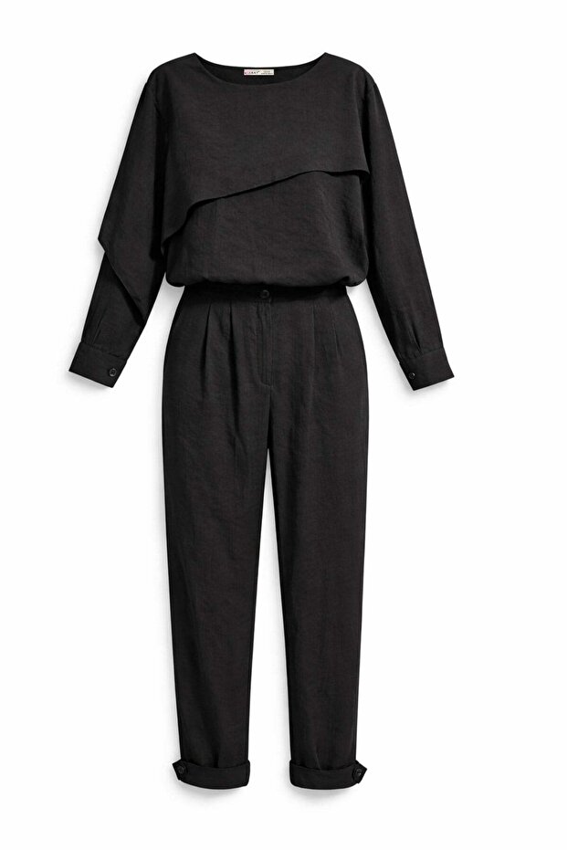4836 women's asymmetric detailed blouse and pants two-piece set black