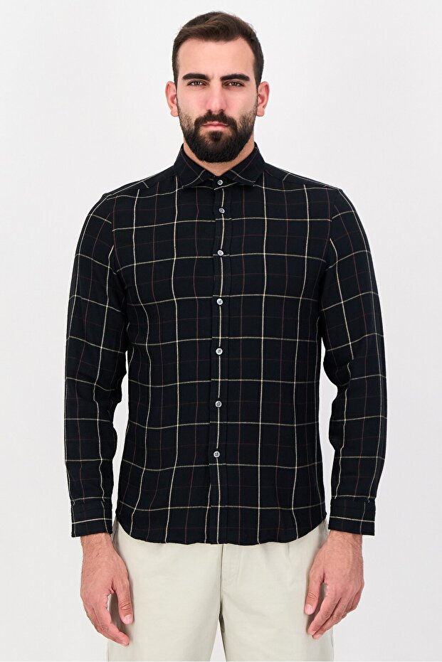 Men Slim Fit Checkered Long Sleeve Casual Shirt, Black