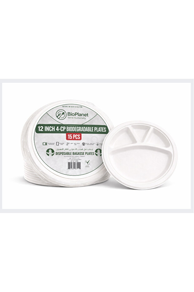 12 Inch 4 Compartment Sugarcane Bagasse Divided Plates, Pack of 15, Disposable Biodegradable Plates for Catering, Parties & Everyday Serving