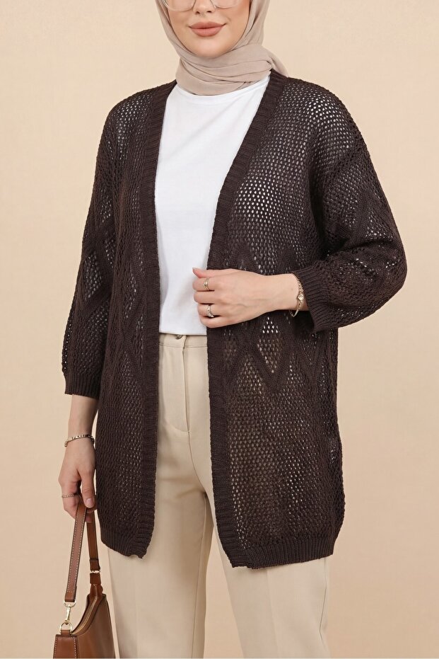 Diamond Patterned Lace-Like Knit Knitwear Cardigan -K. Coffee