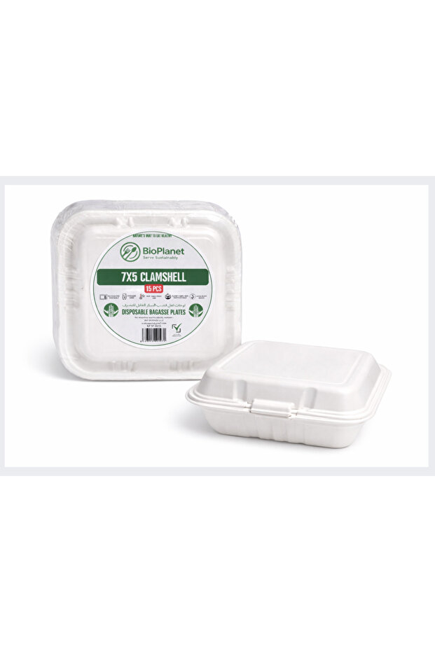 7x5 Inch Sugarcane Bagasse Clamshell, Pack of 15, Microwave Safe Compostable Food Container for Takeaway, Food Delivery & Catering Use