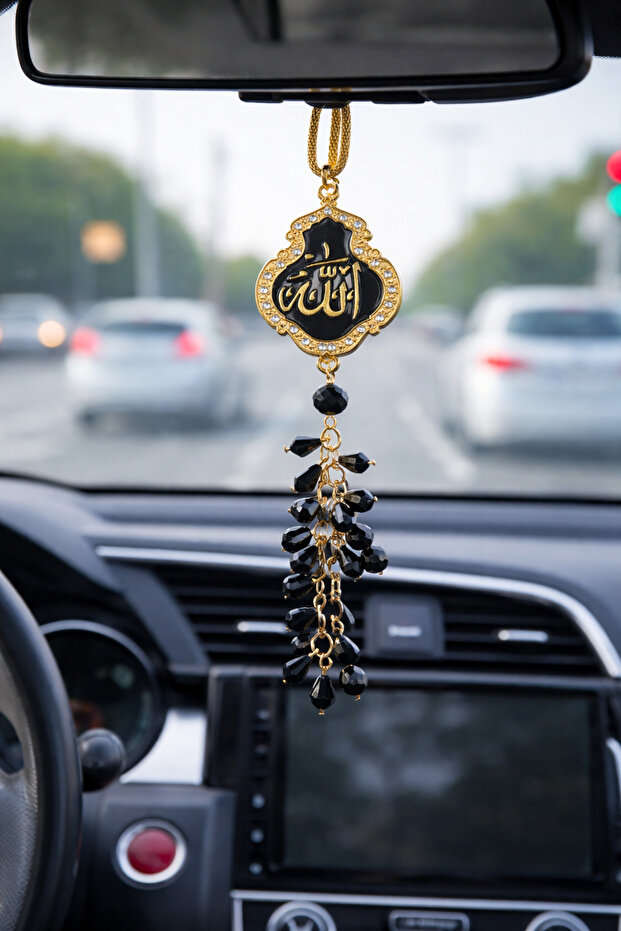 Allah & Muhammad Written Stone Rear View Mirror Ornament Black Gold – Luxury Car Accessory with Crystal Stones