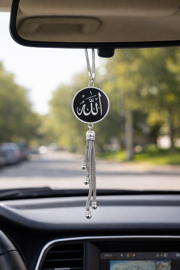 زخرفة مرآة الرؤية الخلفية مكتوب عليها الله ومحمد باللون الأسود والفضي
