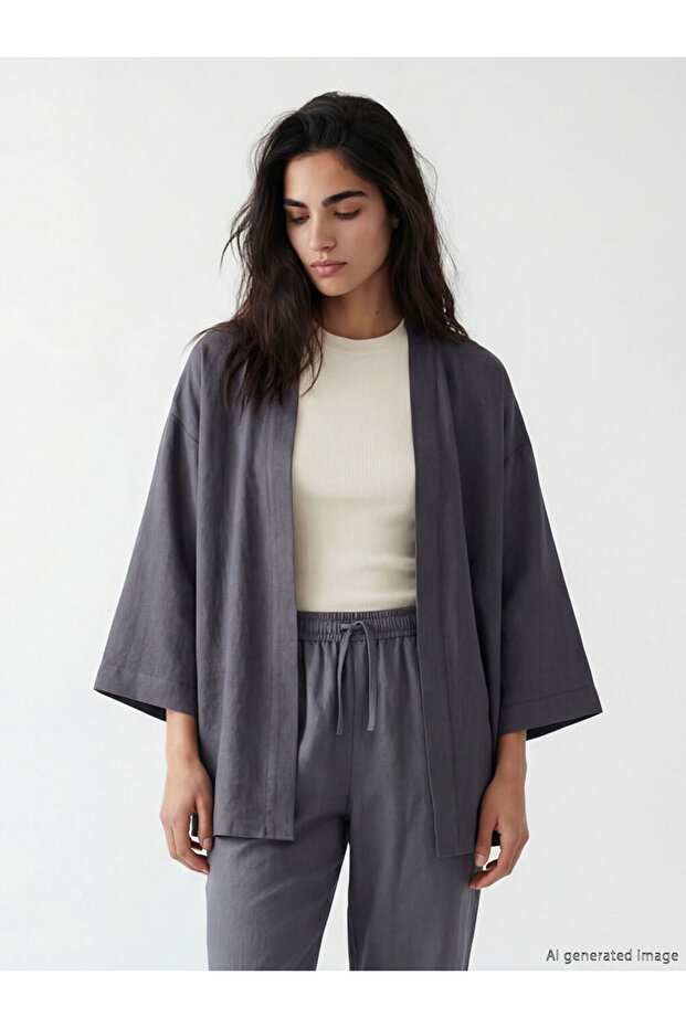 Gray Shawl Collar Oversized Women's Kimono