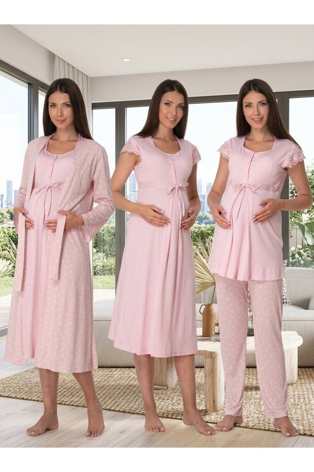 New Season Maternity Pink Summer Design Patterned Short Sleeve Buttoned Dressing Gown Pajama Set Nightgown Set