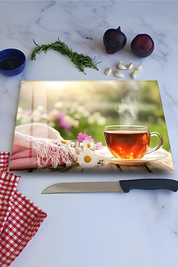 Daisy Flowers and Tea Themed Tempered Glass Cutting Board 30X40 cm Size Uv Printing - Bckt007
