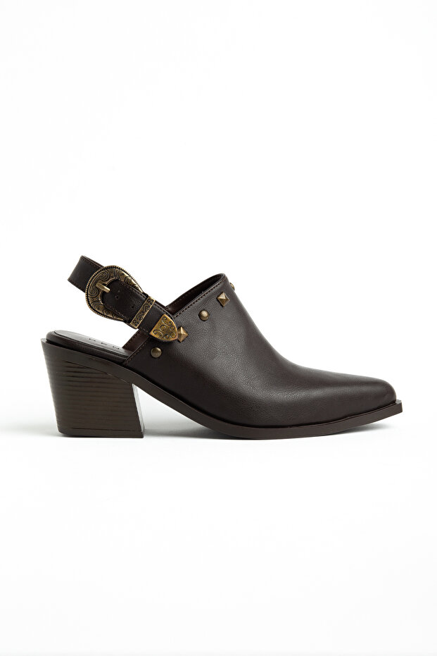 Bitter Brown Matte Leather Buckled Pin Detail Closed Front Open Back Western Cowboy Sandals Shoes