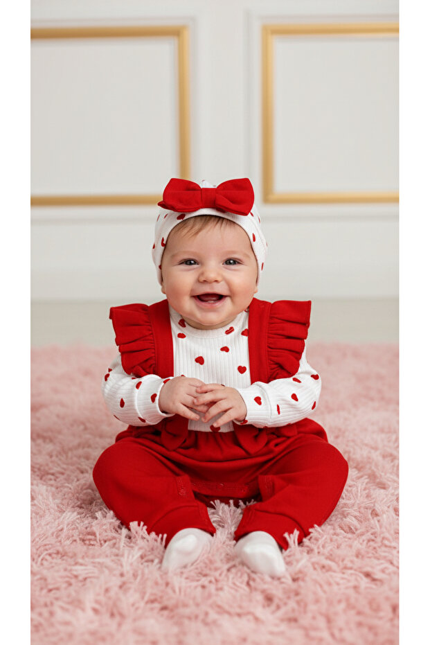 Red Heart Patterned Baby Girl Jumpsuit with Hat