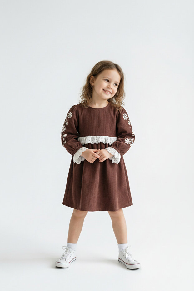 Lace Detailed Vintage Boho Kids Velvet Dress
