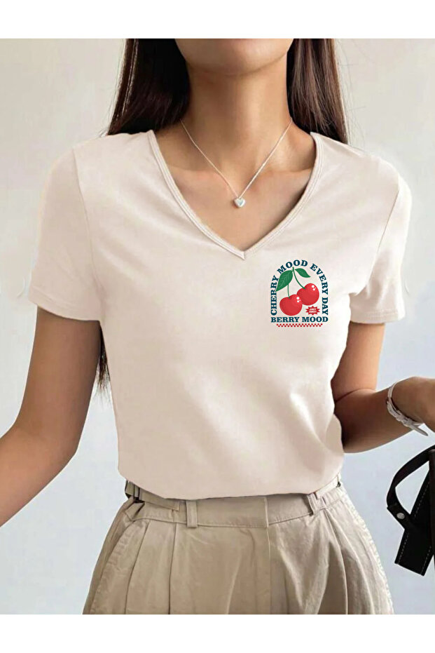 Cherry B Printed V-Neck P Cotton U Short Sleeve Women's Tshirt