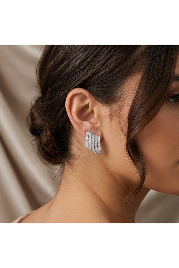 Silver Tone Baguette Step Earrings – Geometric Sparkling Statement Design
