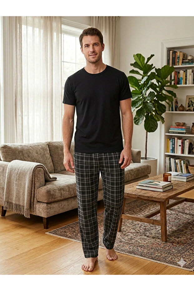 PİJART Erkek Siyah Ekose Kısa Kollu Pijama Takımı