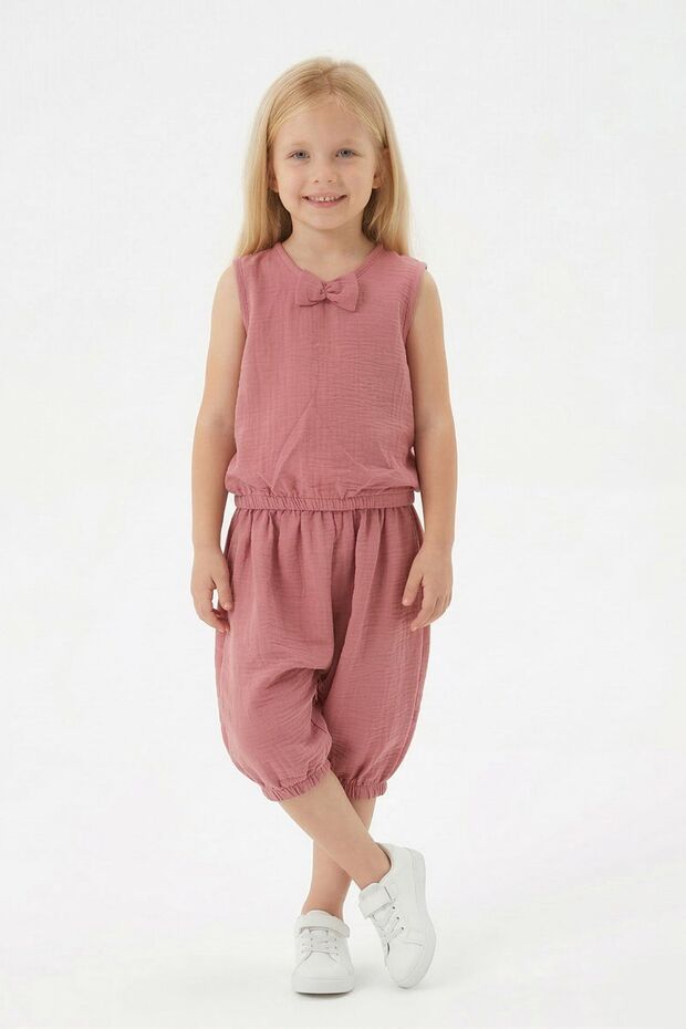 Girl's Sleeveless V-Neck Bow Detail Shalwar Cut Casual Summer Set
