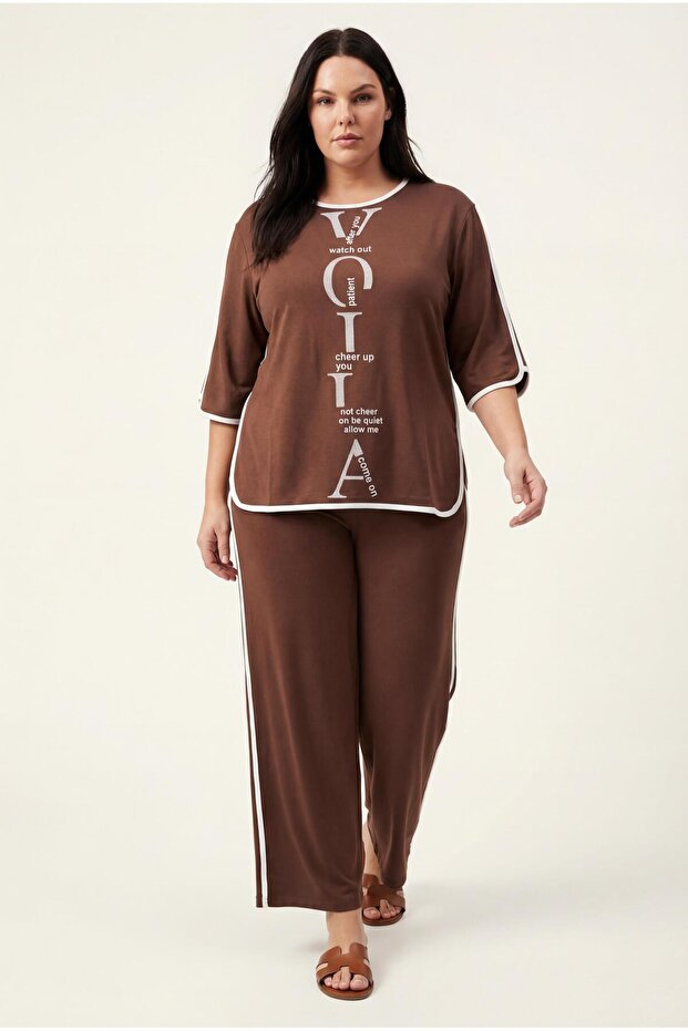 Women's Plus Size Stripe Detail Printed Sho Fabric Brown Tracksuit Set