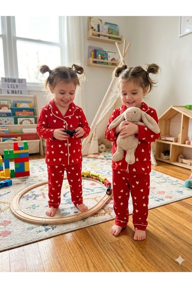Girl's Red Heart Patterned Cotton Piece Long Sleeve Pajama Set