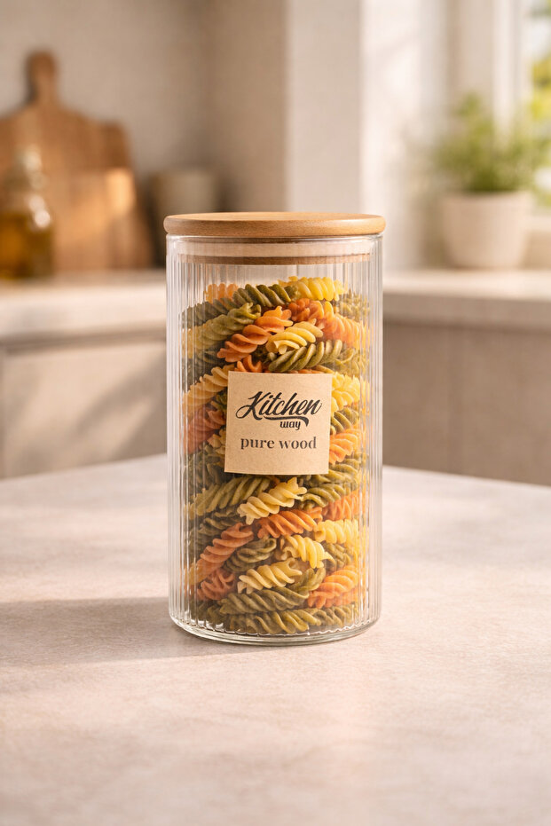 Bamboo Gasketed Borosilicate 1.5 Liter Round Striped Jars Kw-124