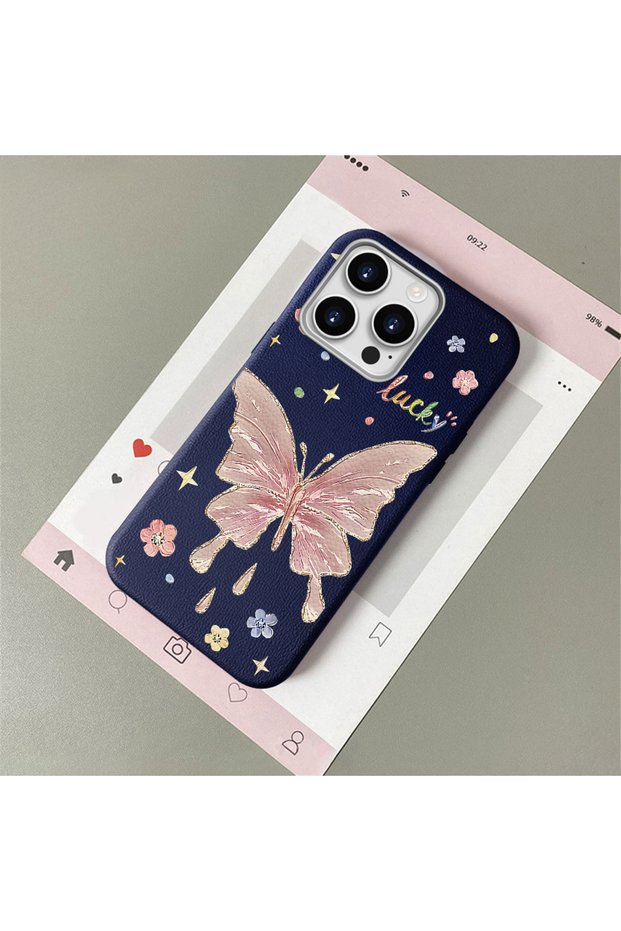 iPhone 15 Pro Compatible Beautiful Butterfly Patterned Leather Textured Phone Case