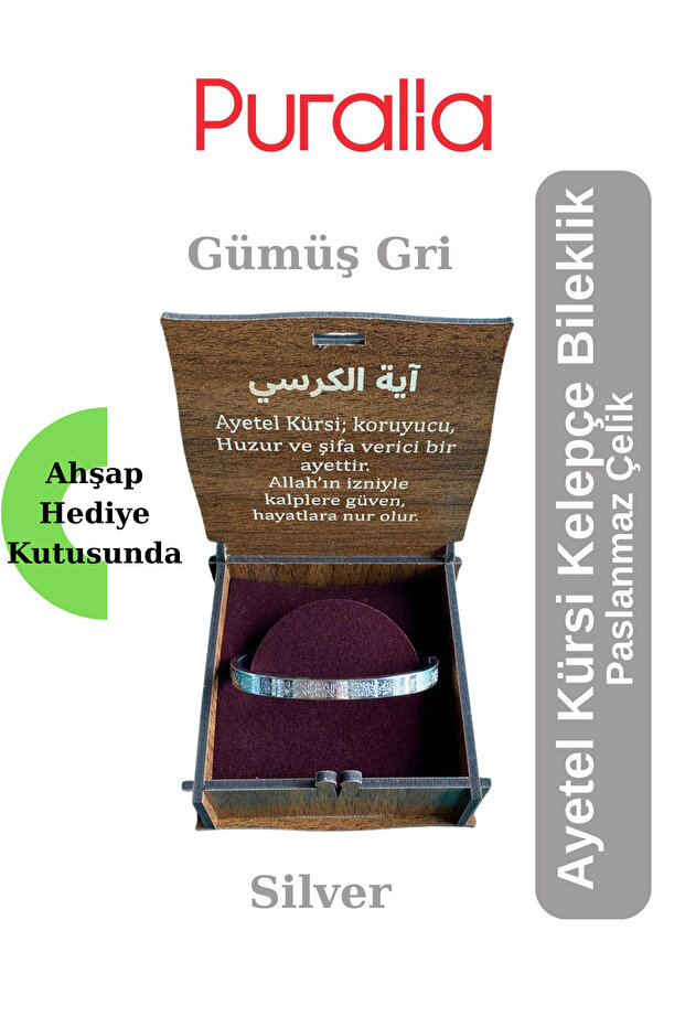 Ayetel Kürsi Stainless Steel Clamp with Wooden Box - Silver Gray