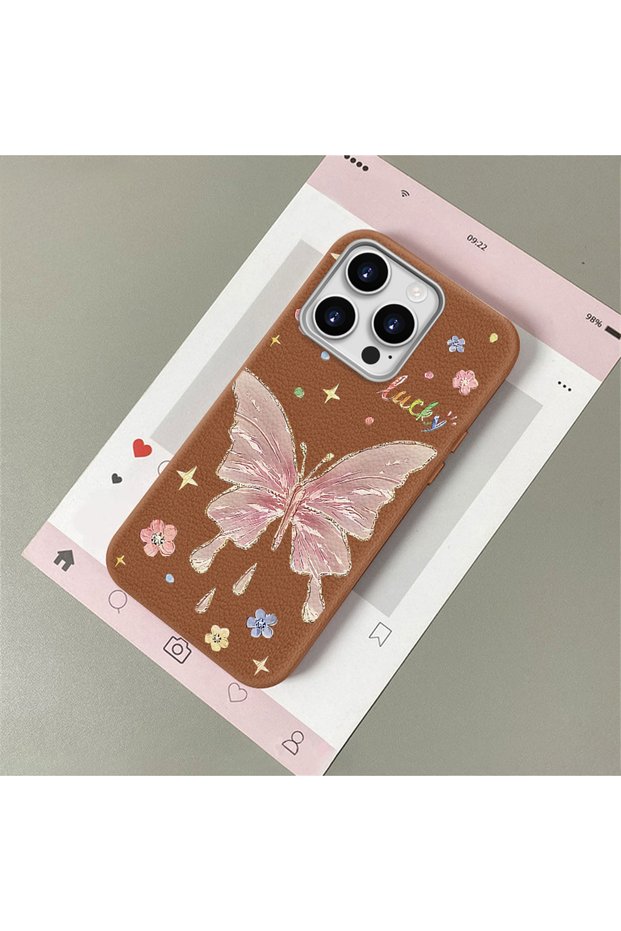 iPhone 14 Pro Compatible Beautiful Butterfly Patterned Leather Textured Phone Case
