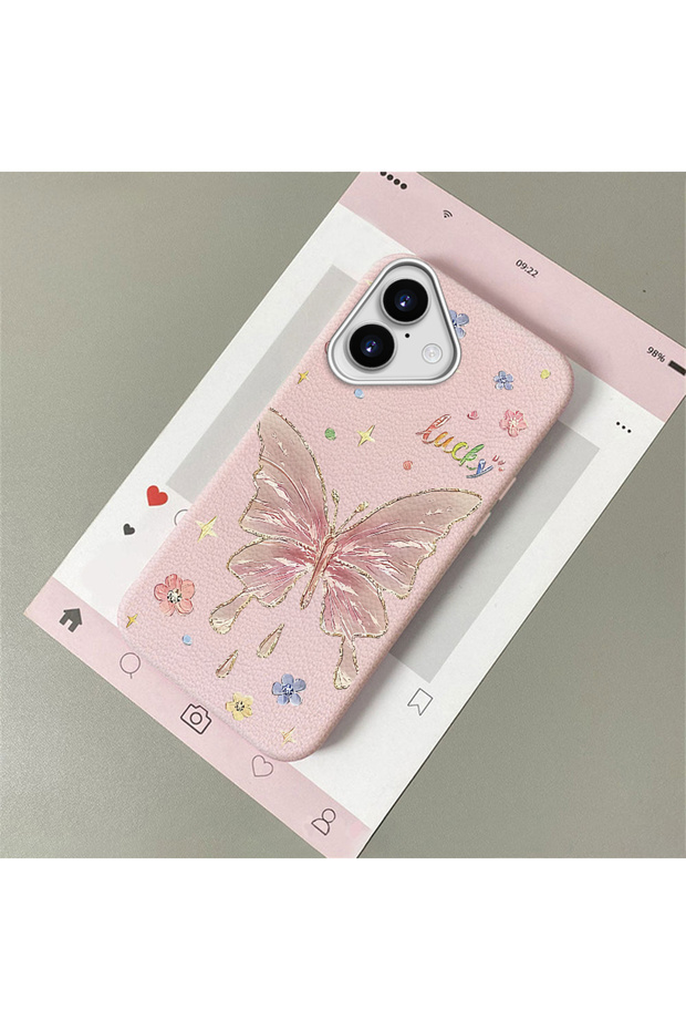 iPhone 16 Compatible Beautiful Butterfly Patterned Leather Textured Phone Case