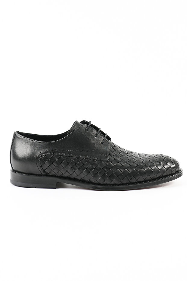 Genuine Leather Black Knitted Derby Model Men's Shoes, Leather - K4503