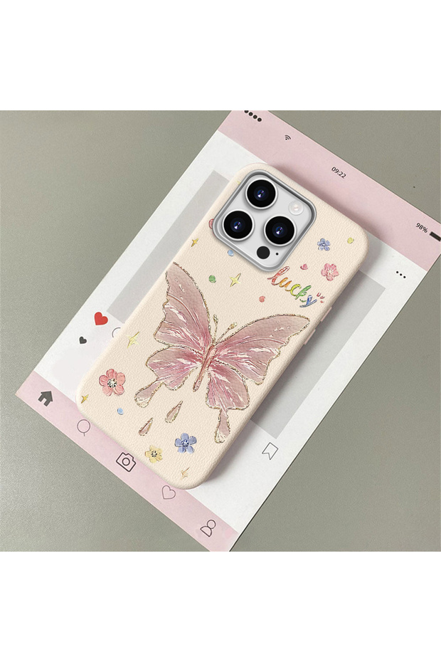 iPhone 14 Pro Max Compatible Beautiful Butterfly Patterned Leather Textured Phone Case
