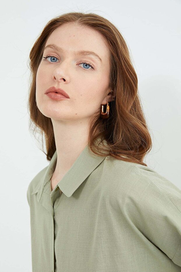 Basic Keten Görünümlü Oversize Gömlek - 7