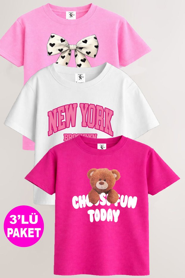 Girl's 3-Piece T-Shirt Set Cotton Pieces Printed Casual T-Shirts (Pink-White) Summer Comfortable T-Shirt