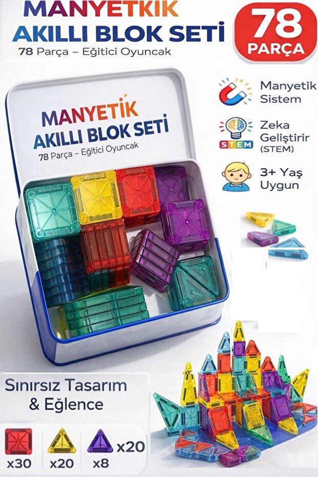 SİNKA Manyetik Yapı Blokları 3D Renkli Mıknatıslı 78 Parça Manyetik Blok Eğitici Oyun Seti