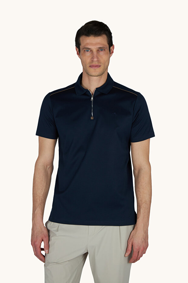 Men's Knitted Cotton Zipped Polo Shirt