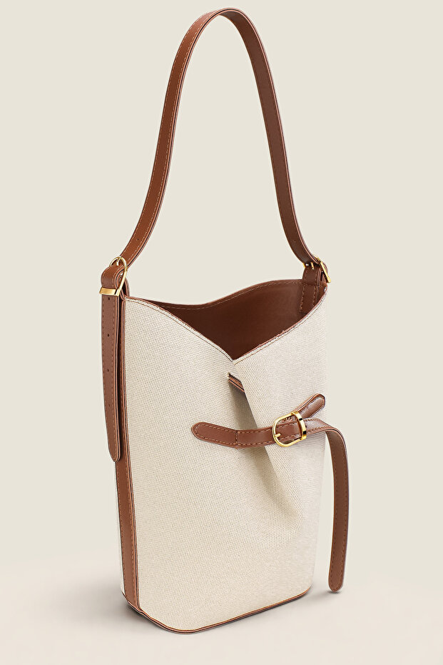 Luna Canvas Cream Bucket Shoulder Bag - Adjustable Shoulder Strap, Gold Accessories
