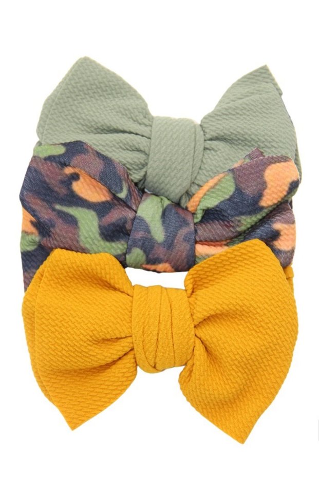 - Mira Assorted Big Ribbon Bow Headband for Babies - Green, Yellow & Army Print
