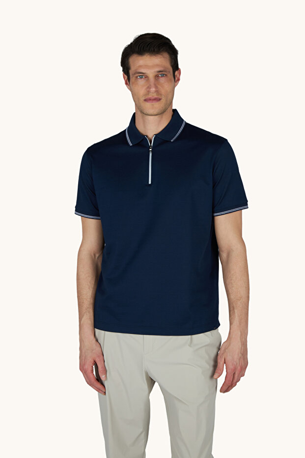 Men's Knitted Cotton Zipped Polo Shirt
