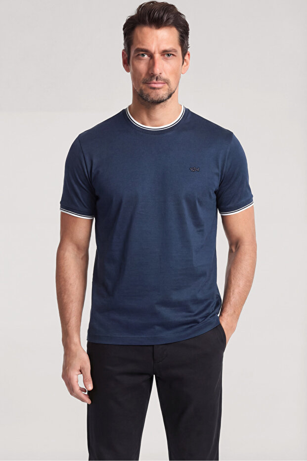Men's Regular Fit Round Striped Collar Metallic Logo Detailed Short Sleeve Navy Blue T-Shirt